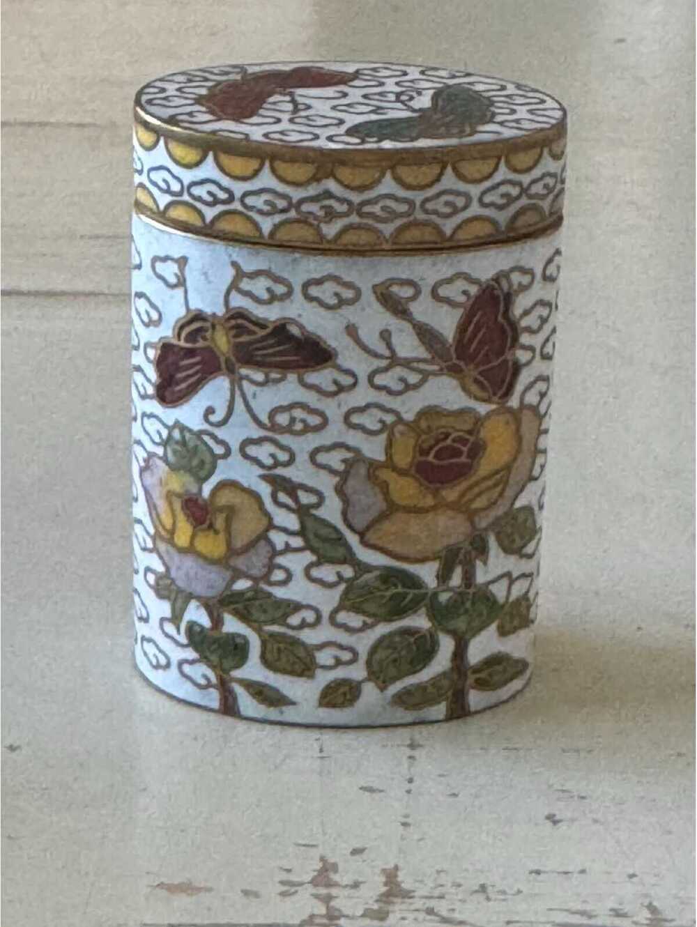 Vintage Cloisonne Brass Trinket Box With Delicate Enamel Flowers & Butterflies